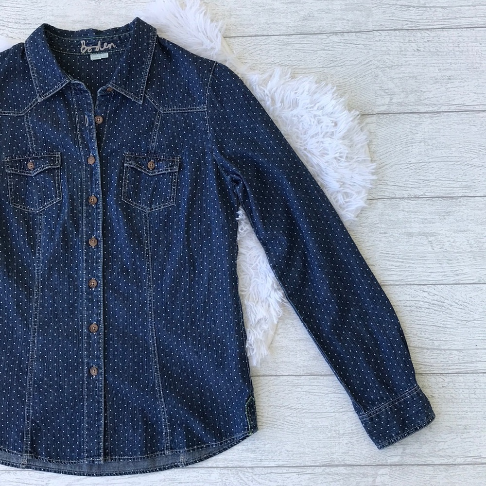 Boden Polka Dot Denim Button Down sz 6